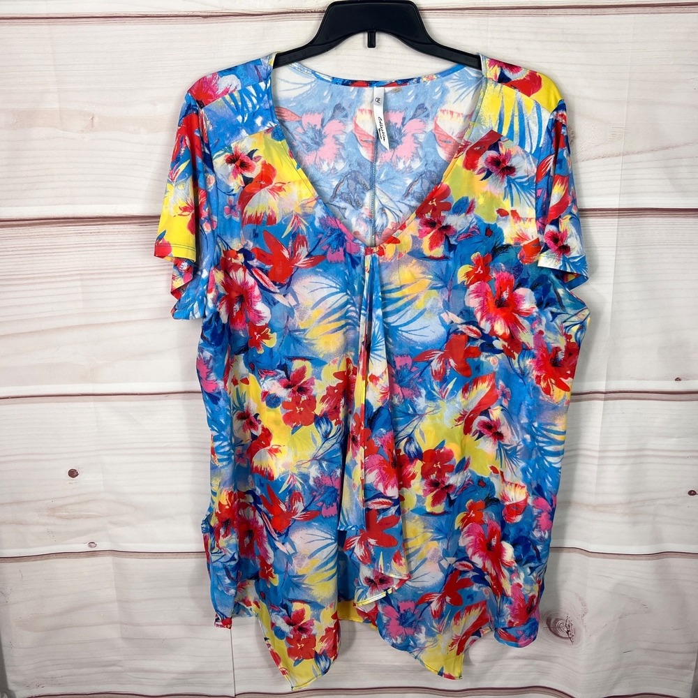 NY Collection Top Womens 3X Blue‎ Floral Blouse V-Neck Chiffon Layer Knit Tunic